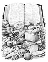 Gesunde Nahrung vor offener Bibel