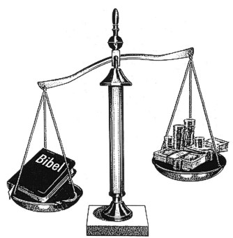 Waage mit Bibel und Geld